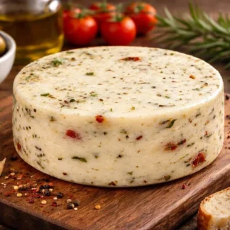 Ser dojrzewający z czosnkiem niedźwiedzim, czosnkiem granulowanym, bazylią i płatkami pomidorów